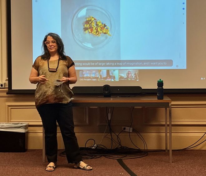 Professor Kelly Cobb presenting in front of a screen at Thing Tank